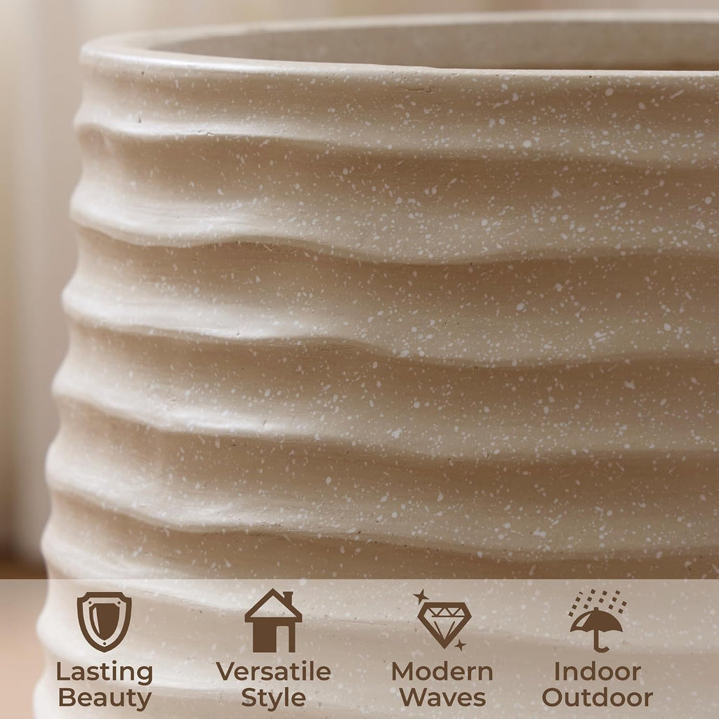 15"+11"+7.9" Dia Concrete Planter Set of 3, Flower Pot with Wavy Texture | Indoor Outdoor Large Planters with