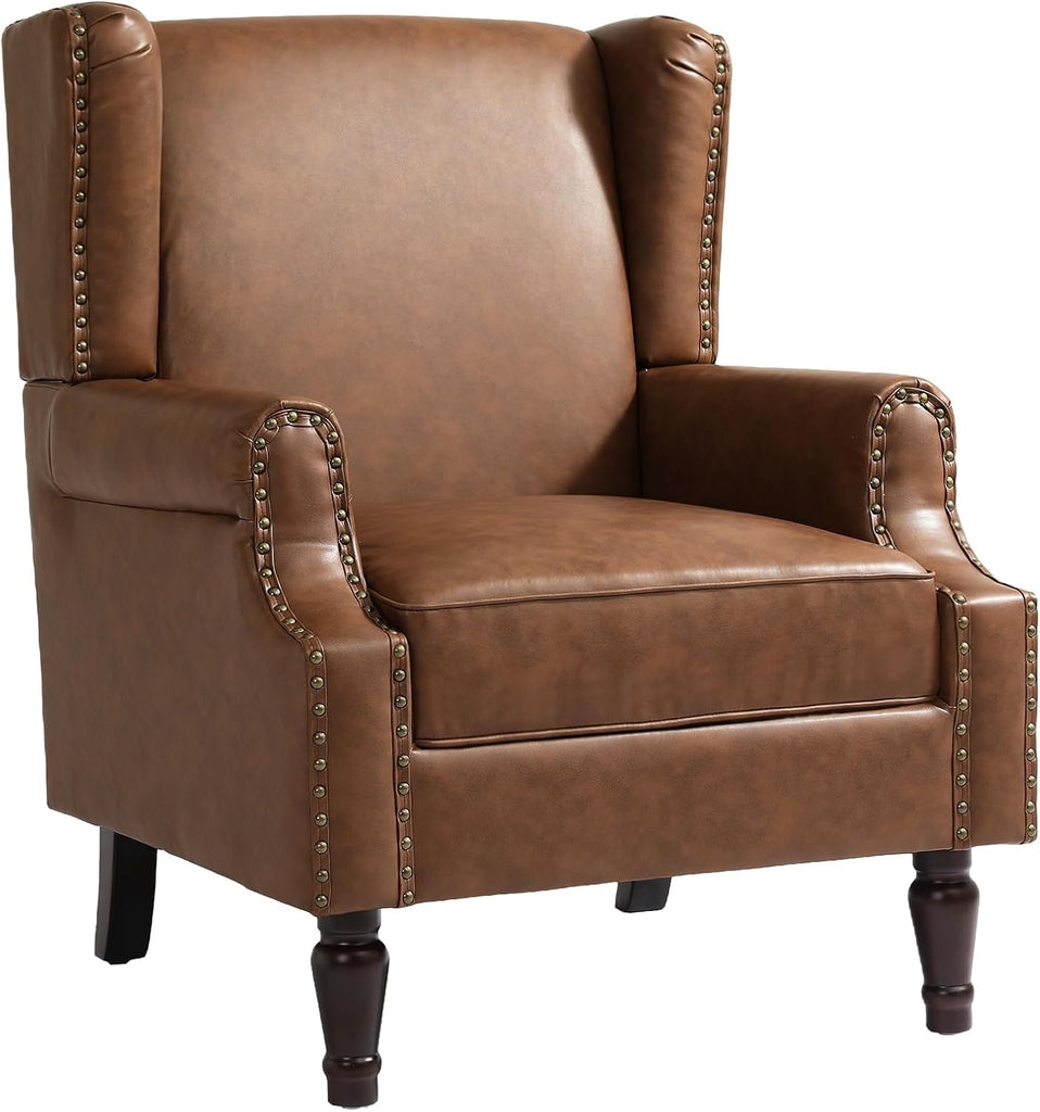PU Leather Wingback Accent Chair, Upholstered High Back Armchair | Modern Reading Seat with Wooden Legs & Removable