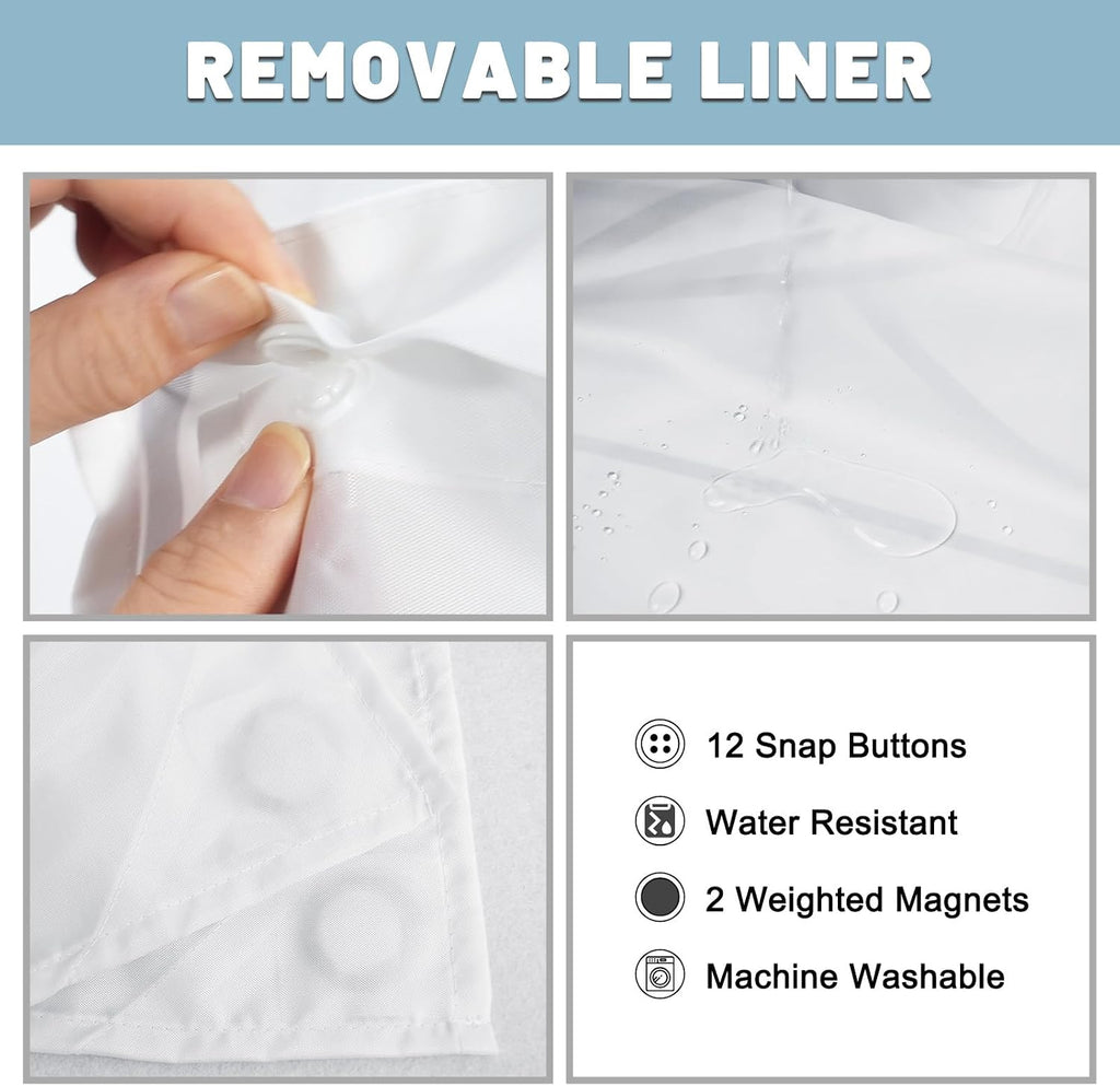 No Hook Grey White Striped Shower Curtain with Snap in Fabric Liner Set - Hotel Liner Set with See Through Mesh Top