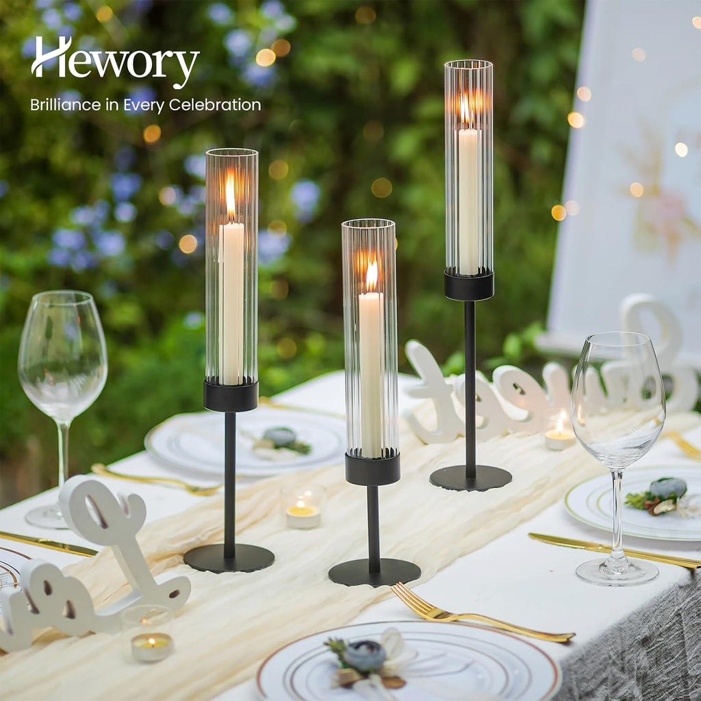 Black Taper Candle Holders: Candlestick Holders Set of 3 Hurricane Glass Tall Candle Holder for Candlesticks Candle