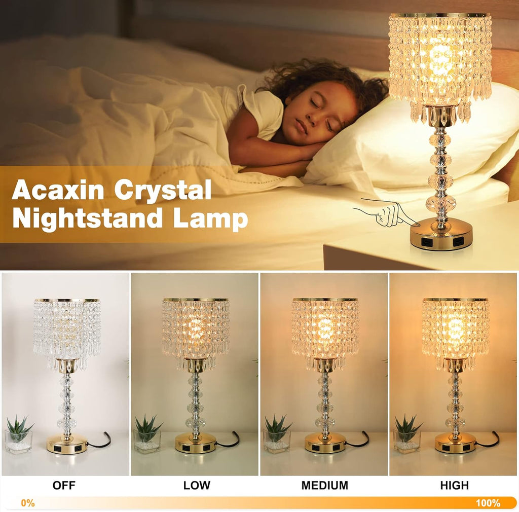 Crystal Table Bedside Lamp Touch Control, 3-Way Dimmable Small Nightstand Lamp with 2 USB Charging Ports