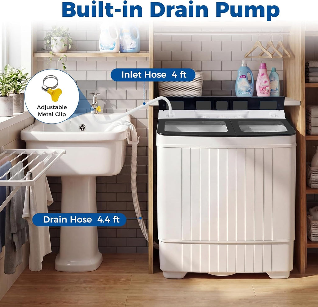 Portable Washing Machine, 26LBS Twin Tub Mini Compact Laundry Washer Spinner Combo with Drain Pump, 18Lbs Washer and 8Lbs Spinner for Apartments, RVs, Dorms, Gray+White