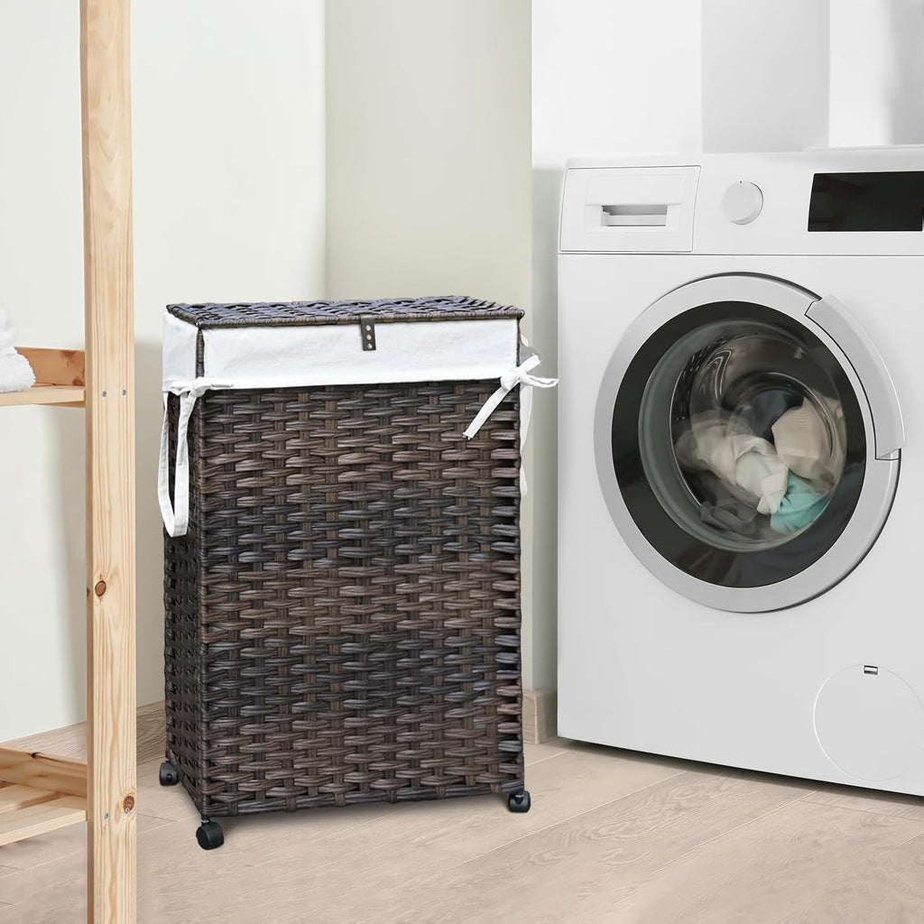 70L Slim Laundry Hamper with Lid & Wheels, Rolling Laundry Basket with 2 Removable Liner Bags & 3 Mesh Bags, Narrow