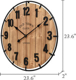 24 Inch Farmhouse Wall Clock Large Old Town Vintage Rustic Wooden Clock with Metal Rim and Large Numerals