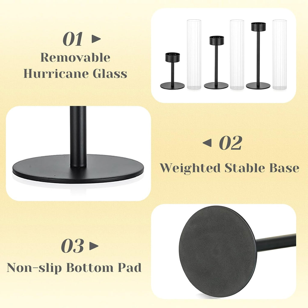 Black Taper Candle Holders: Candlestick Holders Set of 3 Hurricane Glass Tall Candle Holder for Candlesticks Candle