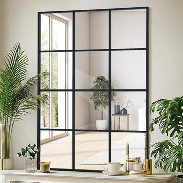 Windowpane Wall Mirror 30"x40" Black Wall Mounted Art Pane Mirror Farmhouse Decorative Mirror Leaning Hanging Wall