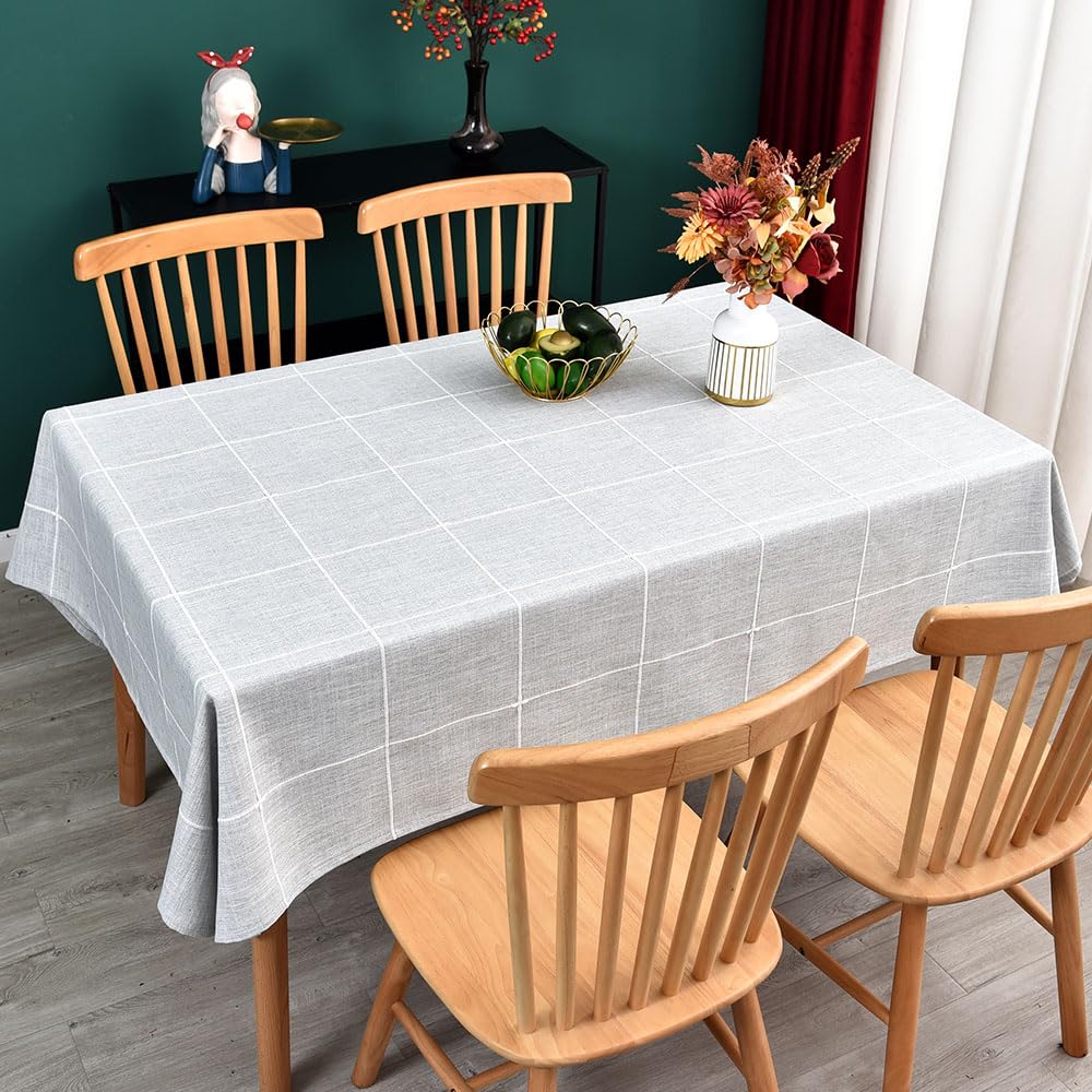 Farmhouse Table Cloth for Rectangle Tables Gray Plaid Boho Tablecloth Heavy Duty Cotton Linen Blend Washable &