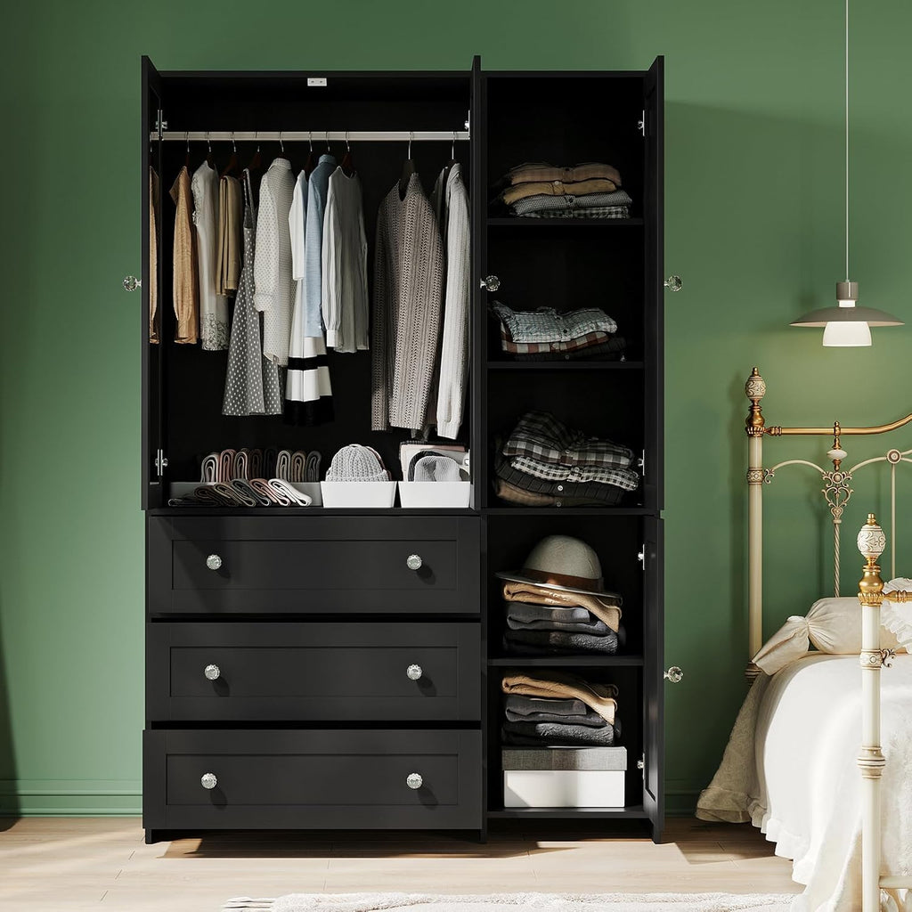 71" Armoire Wardrobe Closet with 3 Drawers and Mirror | Clothing Storage Cabinet with Hanging Rod, 4 Doors Wooden
