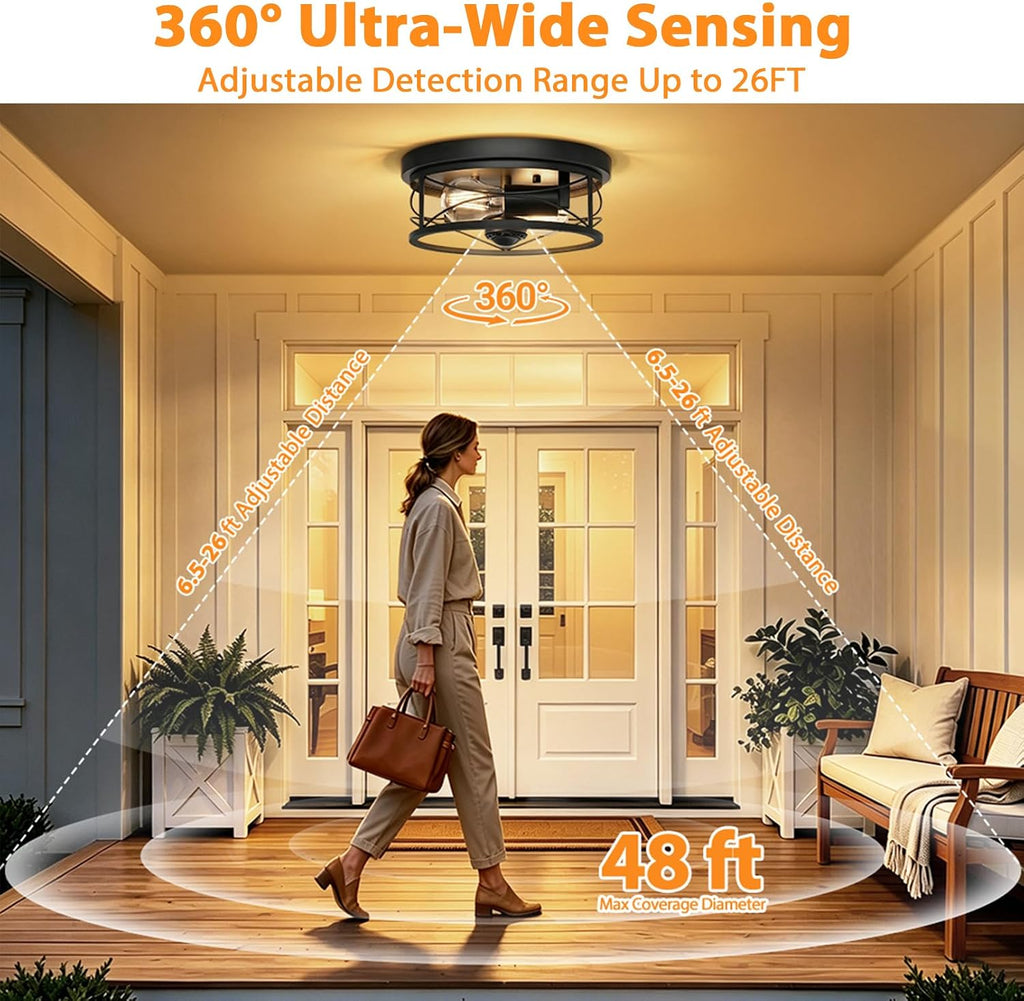 Motion Sensor Outdoor Ceiling Light, 2-Light Flush Mount Black Porch Light