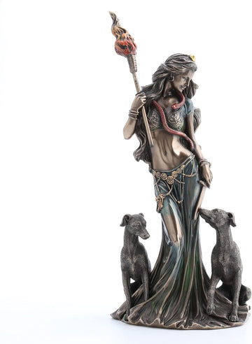 13 3/8" Tall Cold Cast Resin Antique Bronze Finish Hecate Greek Goddess of Magic with Her Hounds Statue Figurine