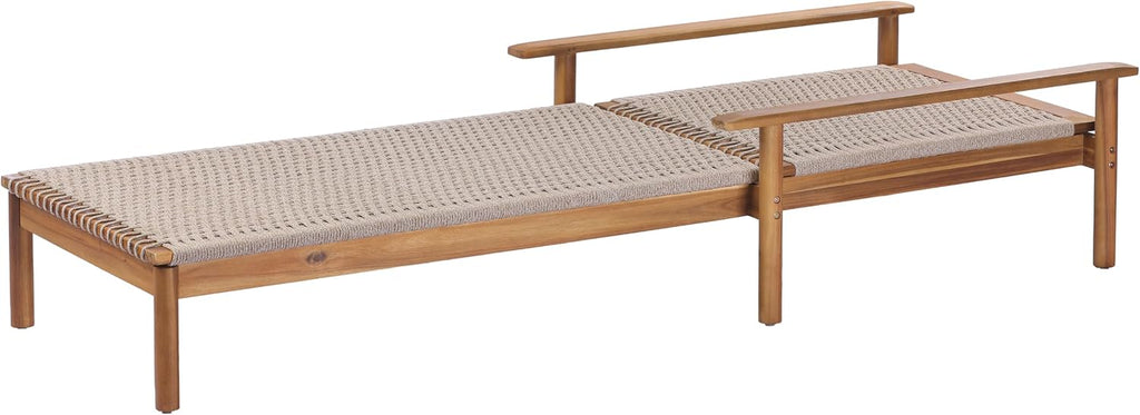 Acacia Wood Chaise Lounge Chair Outdoor, Poolside Sun Lounger Recliner with Woven Rope Seat, Patio Outdoor