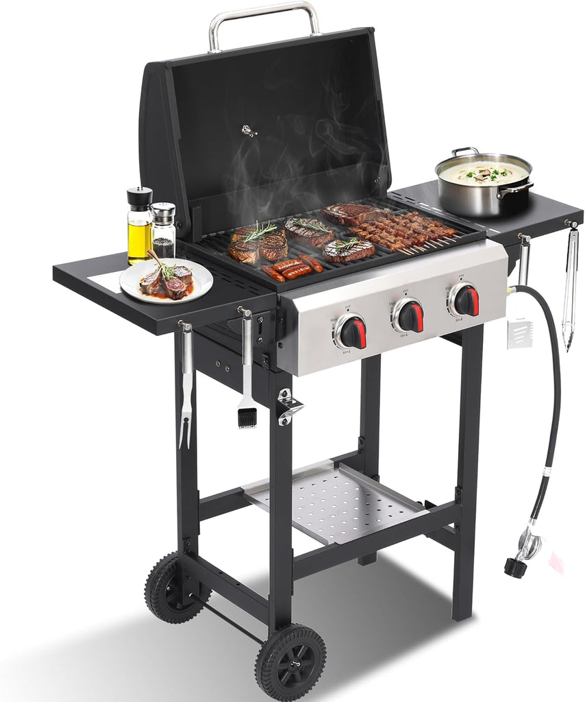 3-Burner Propane Gas Grill, 30,000 BTU BBQ Grill with Cast Iron Grates and Grease Management System