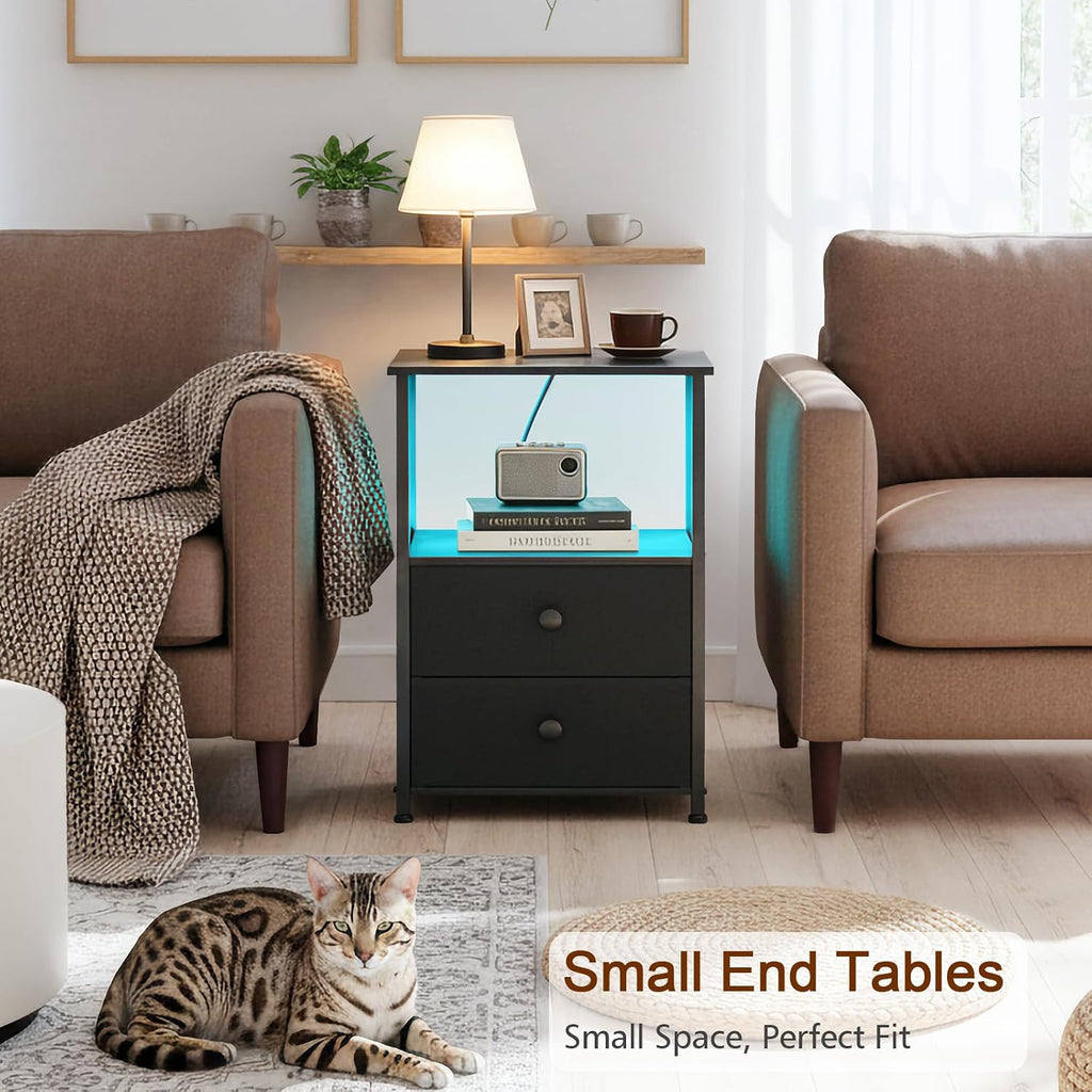 Night Stand Set 2, LED Nightstand with Charging Station, End Tables with Storage Shelf, Bed Side Table with 2 Fabric