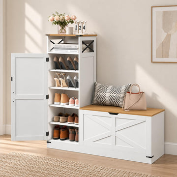 Shoe Cabinet with Bench, L-Shaped Shoe Bench, Storage Bench, Farmhouse Shoe Storage Cabinet with Adjustable Shelves