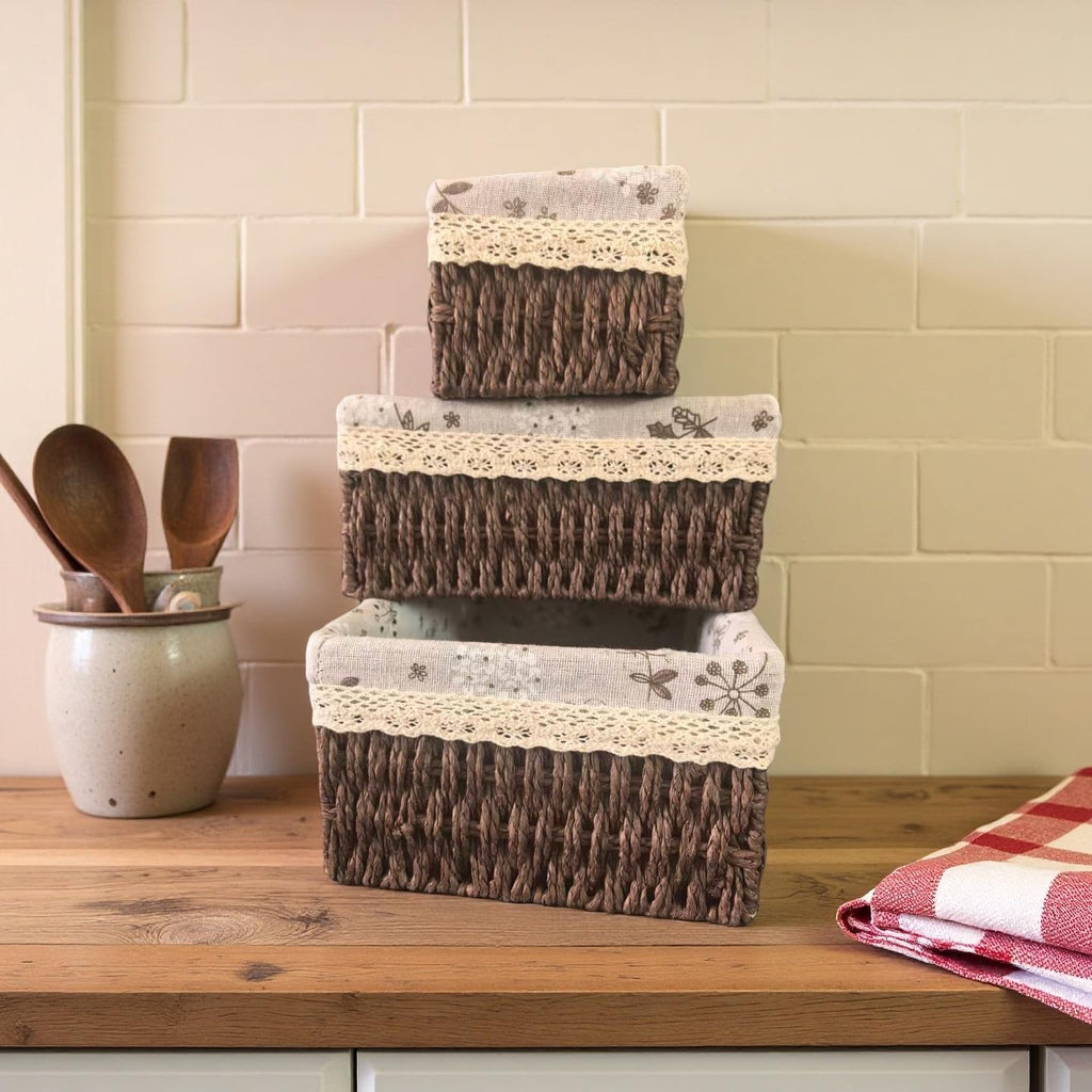 Wicker Woven Baskets With Liner, 3Packs Small Square Decorative Shelf Basket Storage And Organizing (coffee)