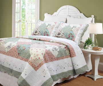 Floral Real Patchwork Green Peach Scalloped Edge Country 100% Cotton Quilt Bedding Set, Reversible Coverlet Bedspread