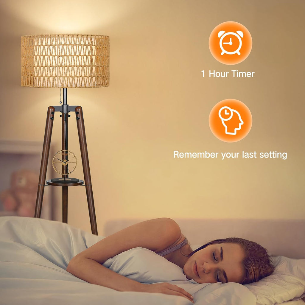 Boho Rattan Tripod Floor Lamp with Shelves, Dimmable Mid Century Modern Standing Lamp with Remote Control
