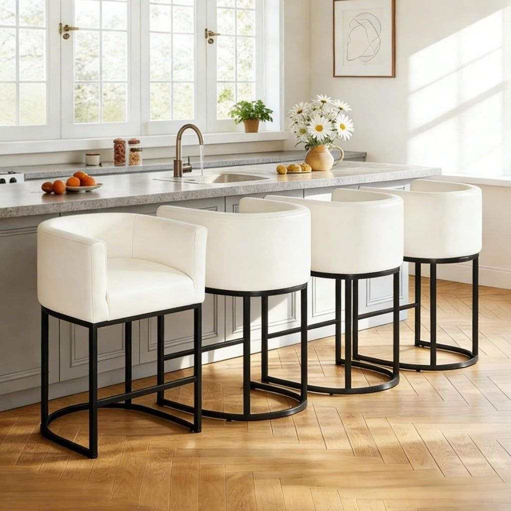 26" H Counter Height Bar Stools Set of 3, Modern Barrel Counter Chairs with Backrest and Arms, Faux Leather