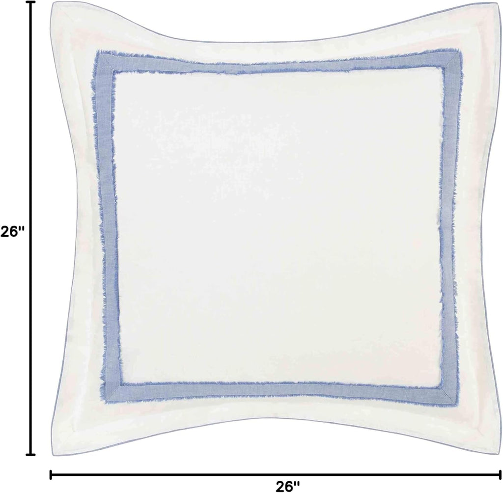 Euro Sham, Soft Faux Linen Ramie Cotton Decorative Pillow Cover with Border Detail, 26x26, Room Decor (Mila Blue)
