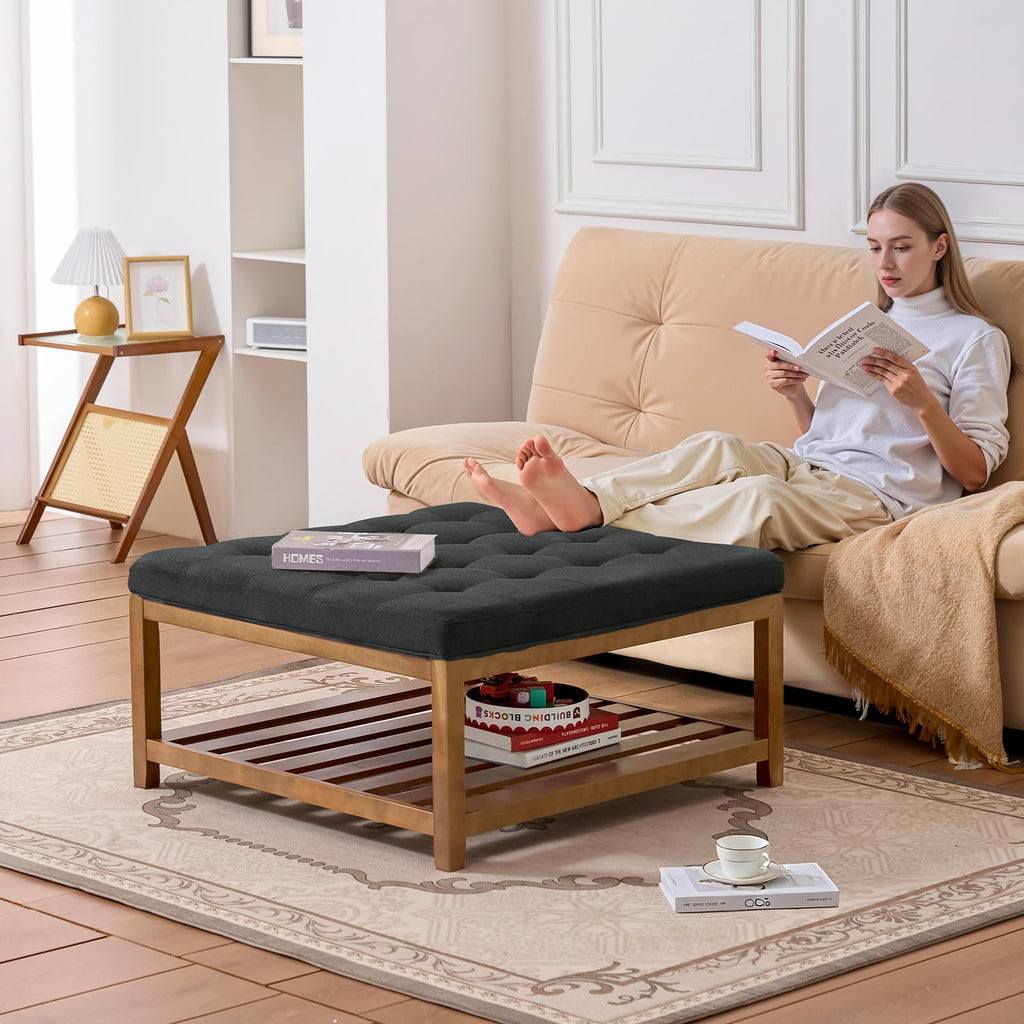 Large Square Ottoman Coffee Table, 34.5 Inch Tufted Coffee Table with Solid Wood Shelf Storage, Linen Solid