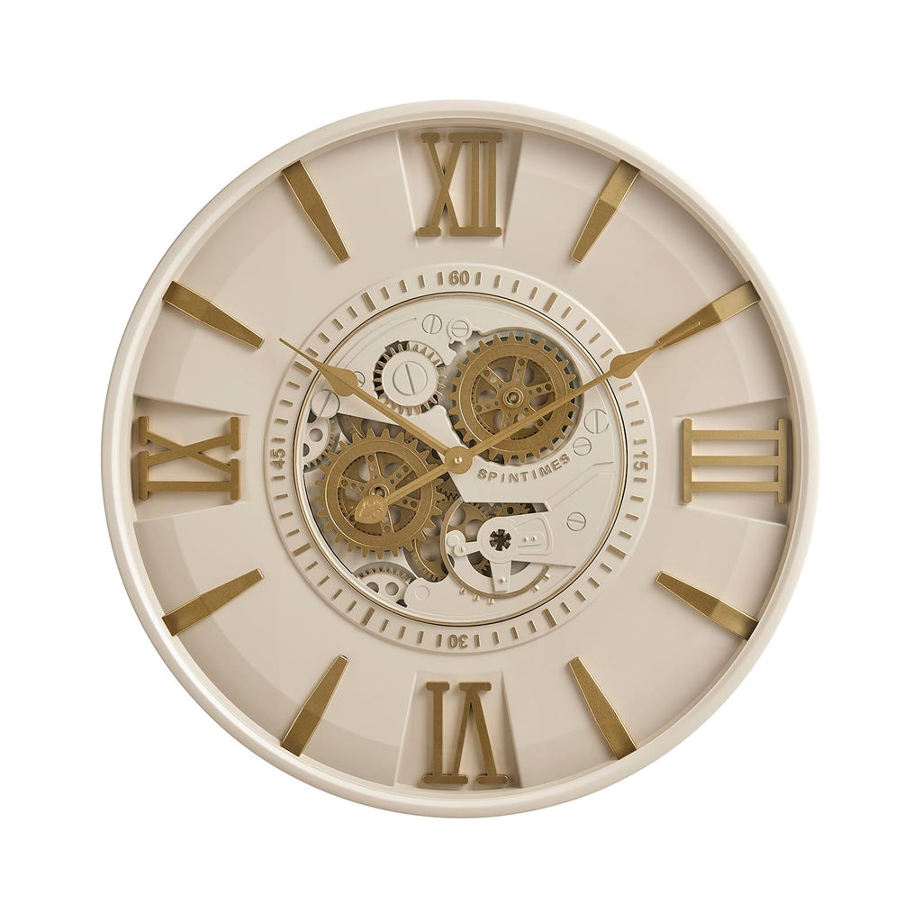 Mid Century Modern 24 Inch Moving Gear Walll Clock, Ivory &Gold