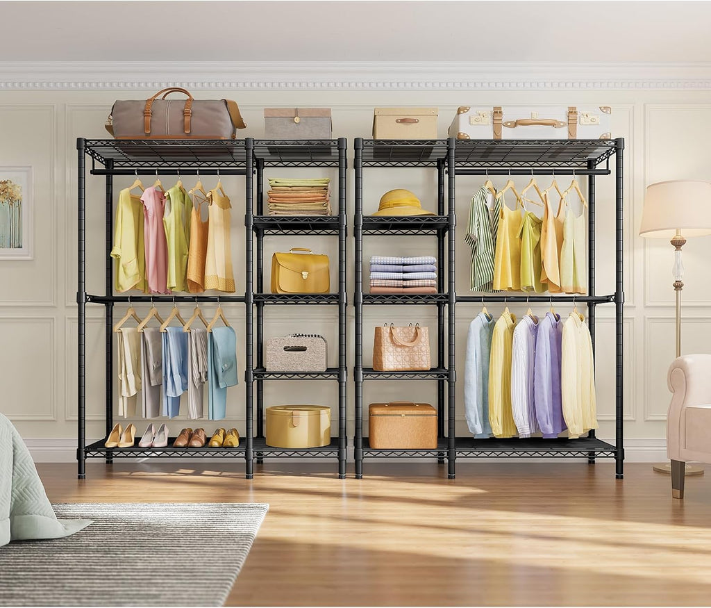 V7 Clothes Rack with Shelves Heavy duty Closet for Hanging Clothes | 5 Tiers Adjustable Wire Shelving, Double Hanging