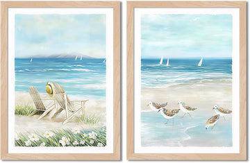 Framed Beach Wall Art Set of 2, Coastal Canvas Prints with Solid Wood Frame & Acrylic Cover, Ocean Seaside Painting