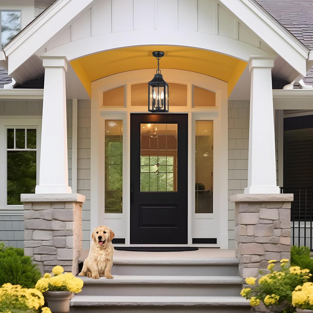 Large Outdoor Pendant Light Fixtures 3-Light, 15'' Dusk to Dawn Exterior Hanging Lantern Porch Light Adjustable