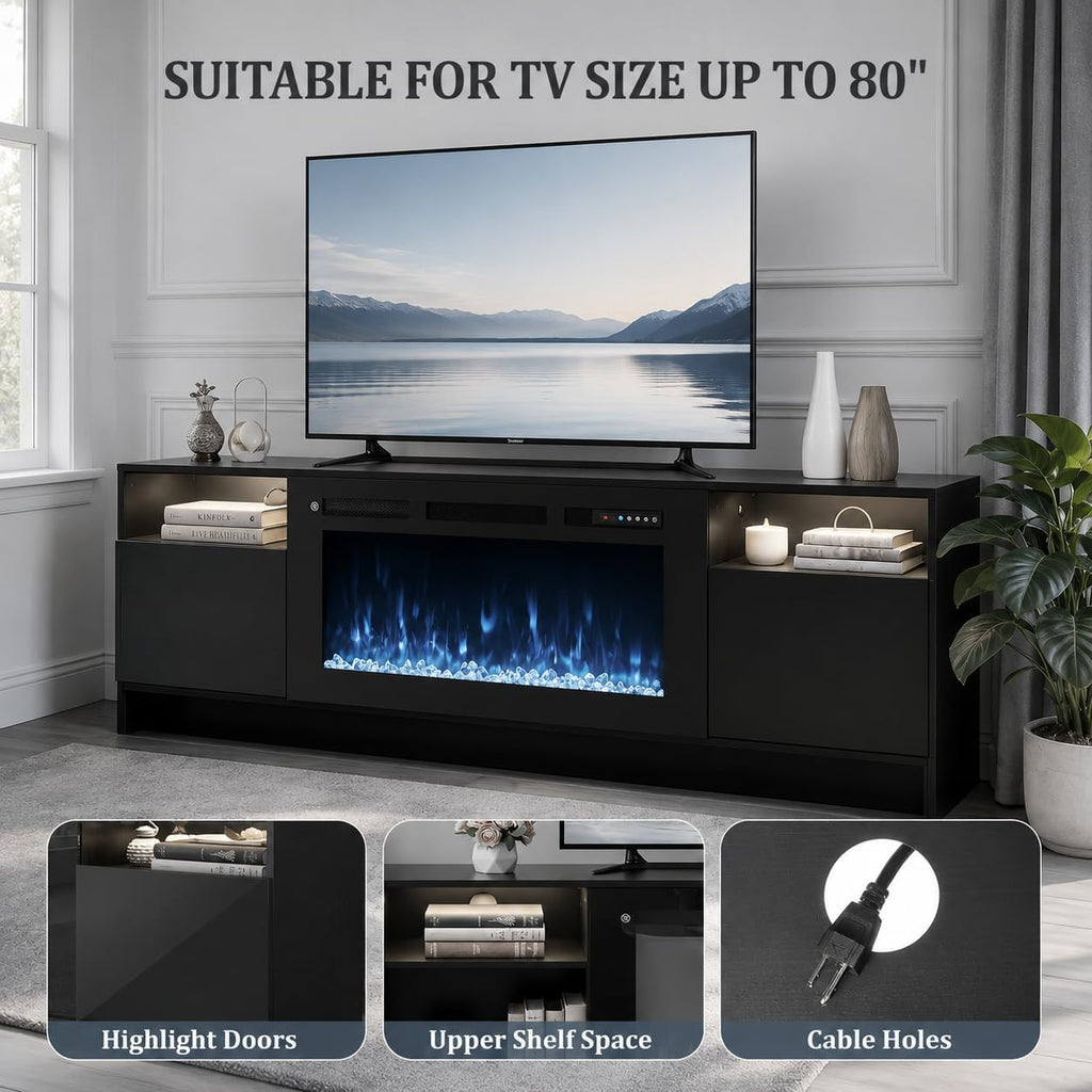 70" Fireplace TV Stand for TVs Up to 80",Entertainment Center with 36" Electric Fireplace and 12 Colors LED