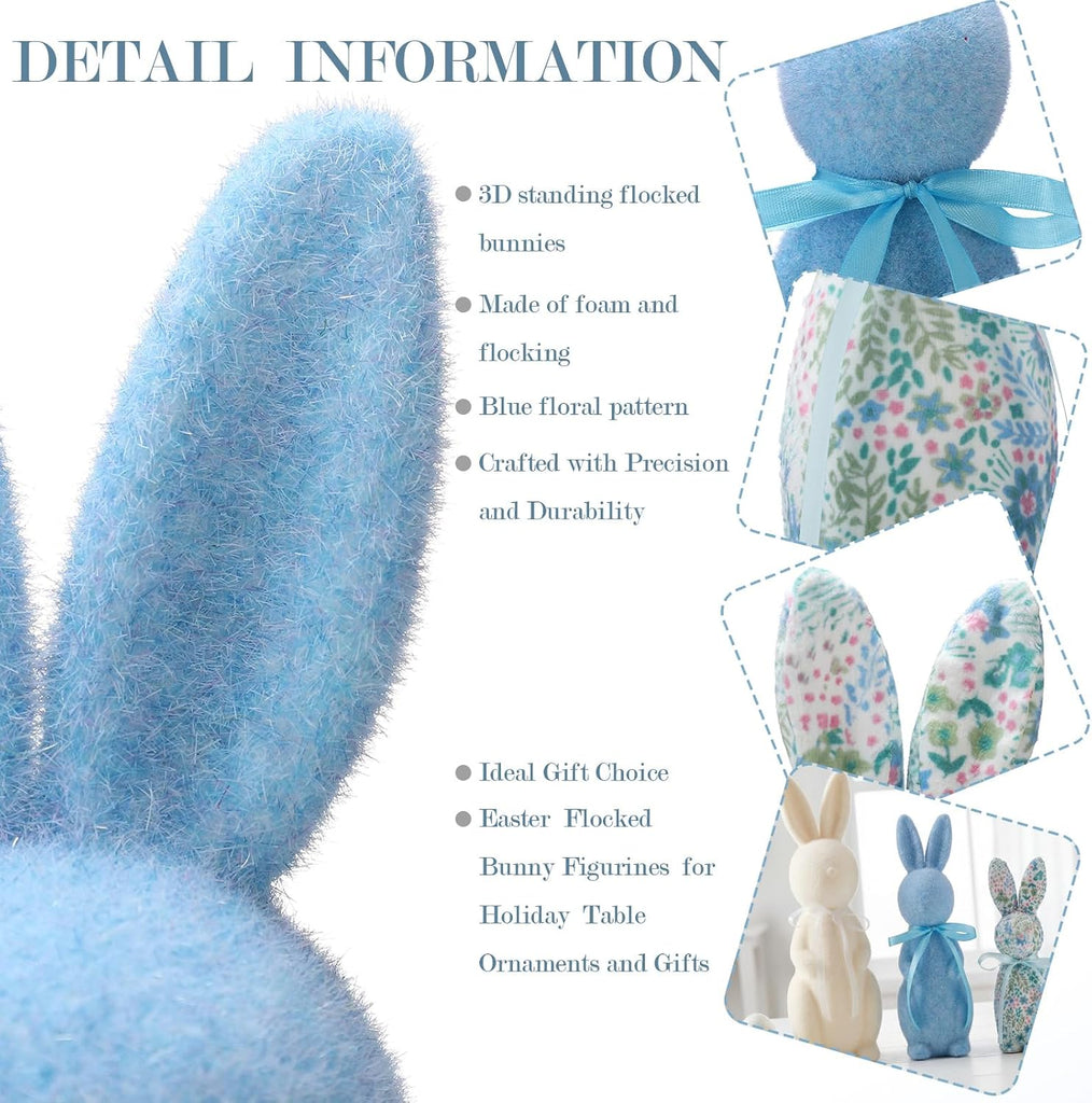 Flocked Bunny Easter Decorations 9/10/13 Inch Flocked Bunny Figurines with Bow Tie Spring Easter Tabletop - Set of 3
