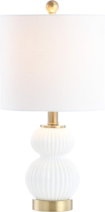 20" White/Brass Gold Ribbed Gourd Glass Table Lamp, Modern Bedside Lamp Living Room, White Linen Dru