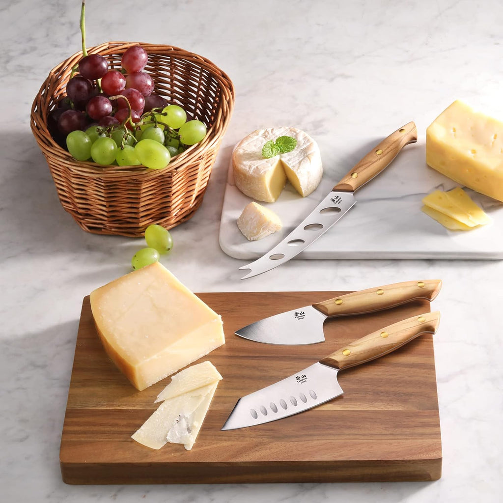 3-Piece Olive Wood Cheese Knife Set with Acacia Cheese Board