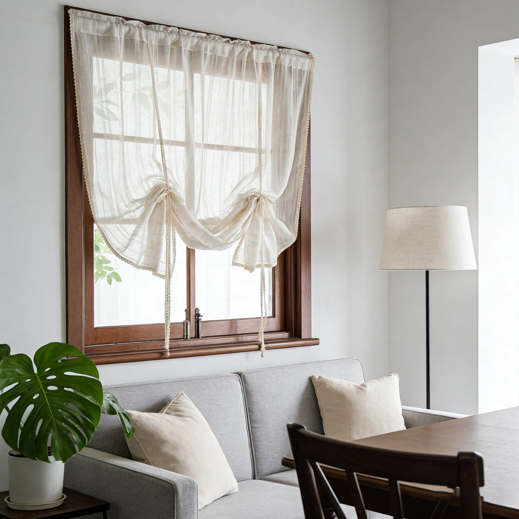 Beige Crochet Linen Striped Tie Up Sheer Curtain Valance Window