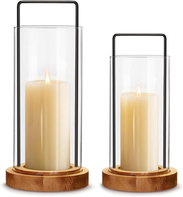 Set of 2 Hurricane Candle Holders Lantern 12" & 10"with Wood Base Metal Handle Glass Cylinder Modern Farmhouse Decor