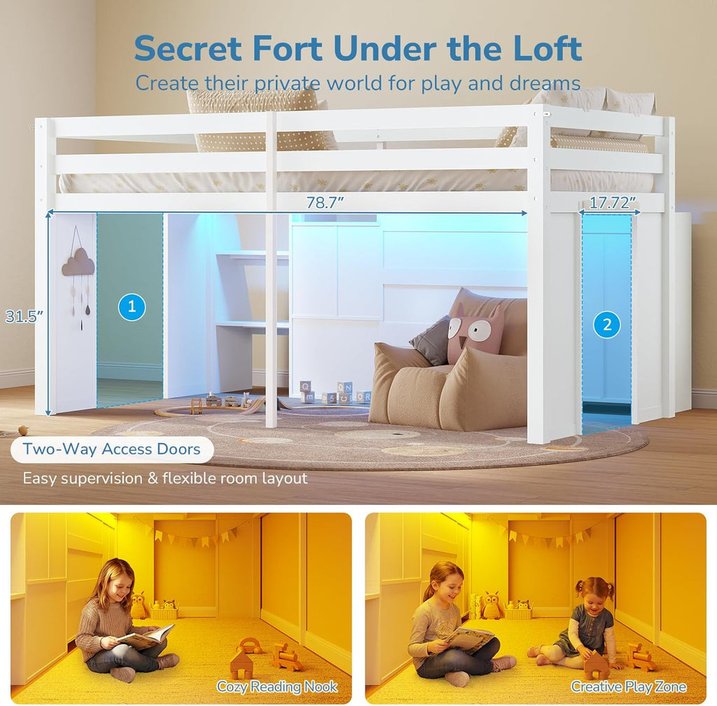 Low Loft Bed Twin with LED Lights, Wooden Kids Twin Loft Bed with Storage Bookcase, Toy Box