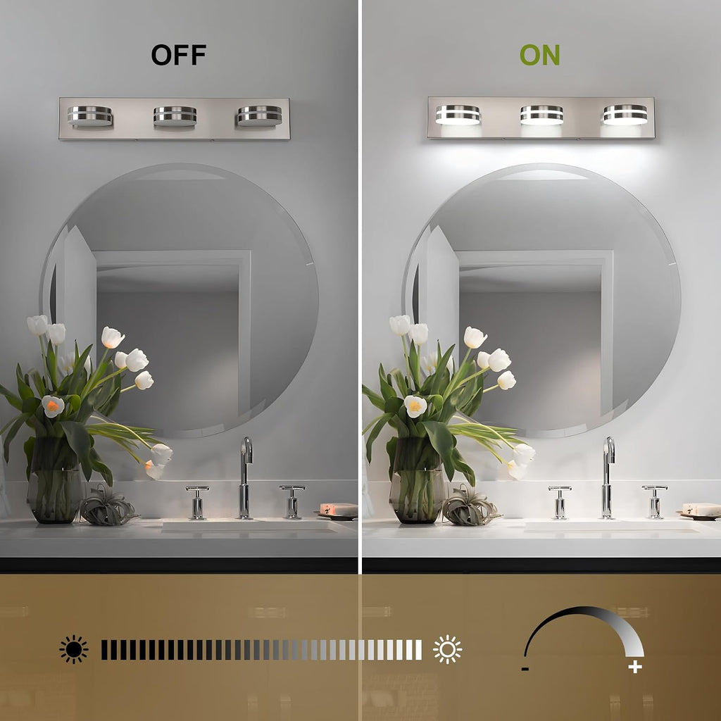 Brushed Nickel Bathroom Vanity Light, (24in Dimmable) 3-Light Bathroom Light Fixtures Over Mirror, LED 5500K Vanity