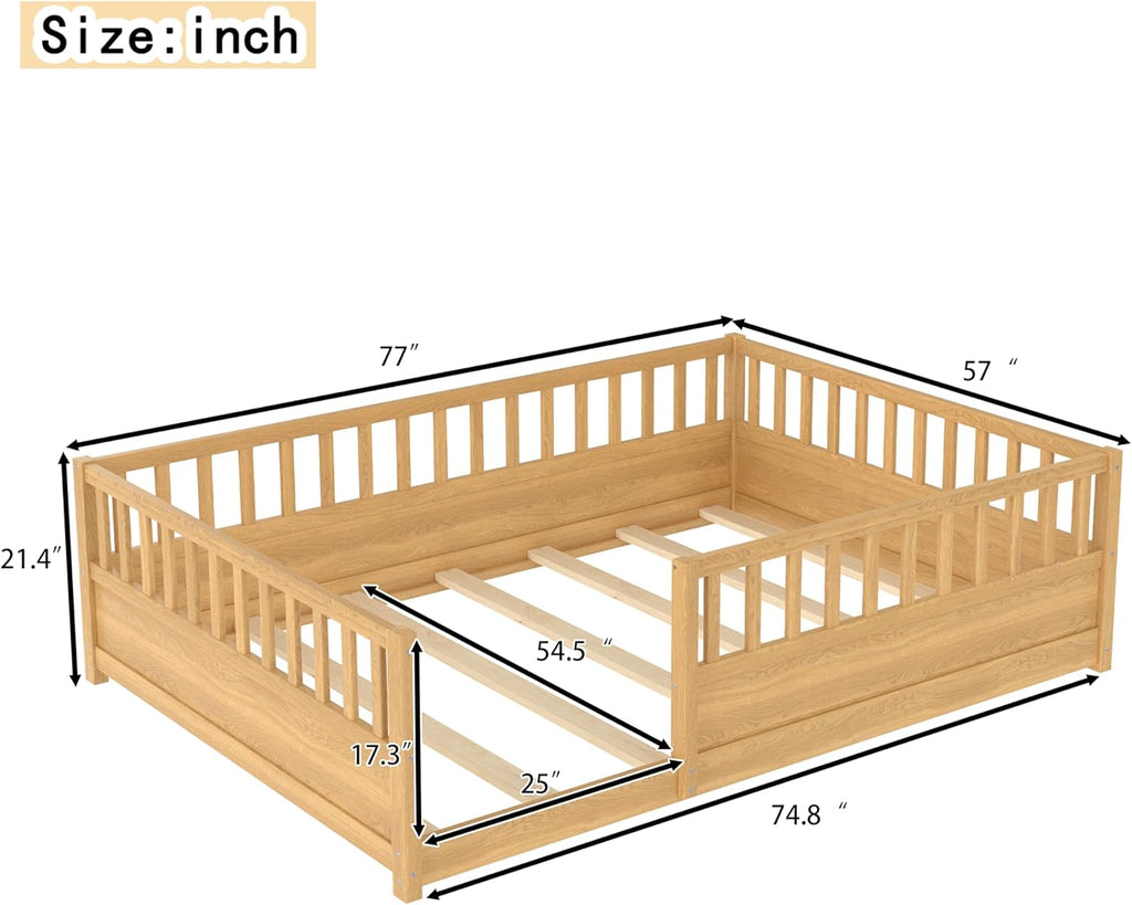 Full Size Kids Montessori Floor Bed Frame with High Fence,Natural | Solid Wood,Full Surround Safety Guardrails,Slat