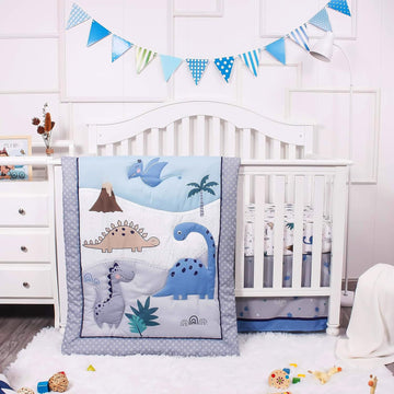 Baby Crib Bedding Set for Boys - Dinosaur 3 Piece Standard Size Nursery Crib Comforter Set, Grey/Blue - Unisex Baby