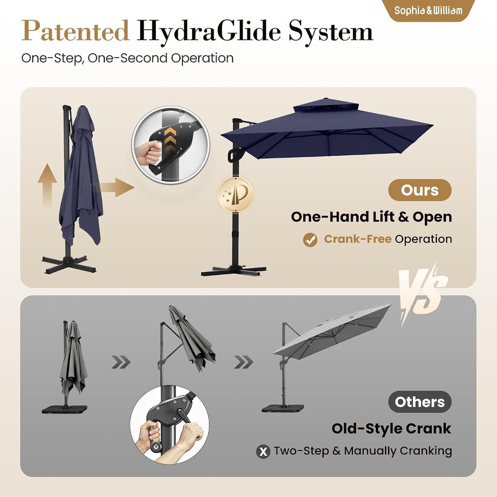 12ft Cantilever Patio Umbrella with Base, Large Rectangular Umbrellas with 360-degree Rotation