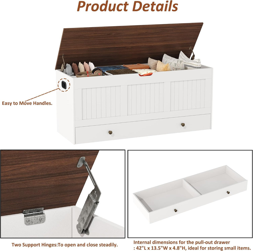 44.3" Storage Chest with 2 Drawers, Retro Wooden Storage Trunk with 2 Safety Hinges,Large Shoe Bench with Storage