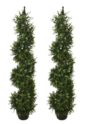 Two Pre-Potted 46.5" Artificial Outdoor Indoor Eucalyptus Spiral Topiary Trees. in Plastic Pot