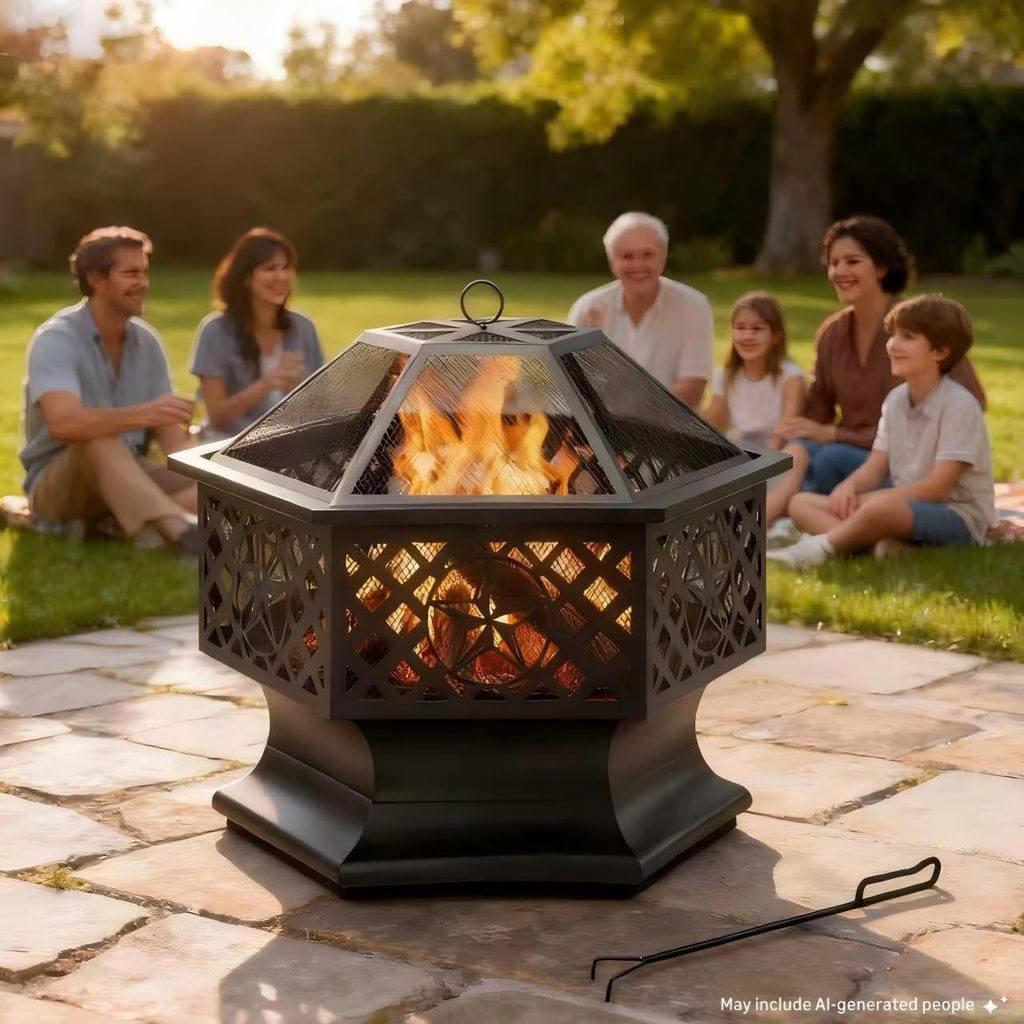 28 Inch Hexagonal Fire Pit with Spark Screen&Fire Poker Black