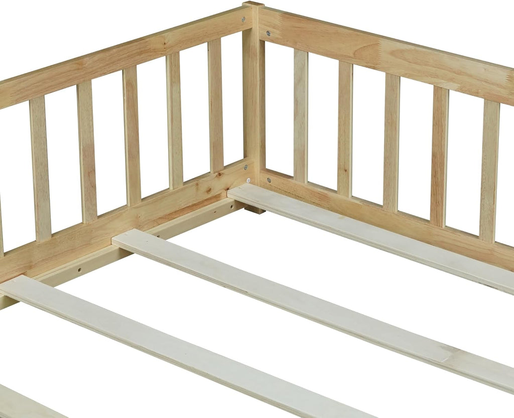 Full Size Montessori Floor Bed with Slats, Door and Guardrails, Natural | Low Profile Montessori Bed with Fence, Easy