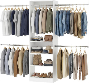 Closet System, 4.5-11.5 Ft Expandable Closet Organizer, White | 5 Hanging Rods, Walk-in Wood Closet Organizer System