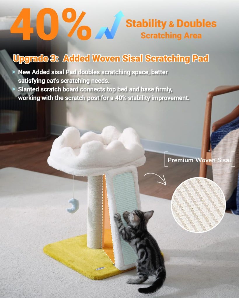Cat Tree, Cloud Cat Tower with Soft Bed, Cat Scratching Post & Pad with Larger Perch for Window Viewing