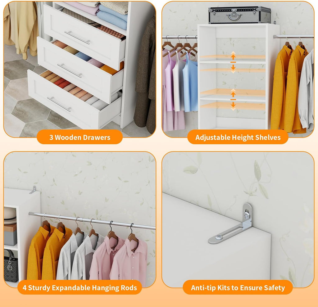 Closet System, 5FT-9FT Closet Organizer System with 4 Expandable Hanging Rods and Moveable Shelves, 115" Walk in