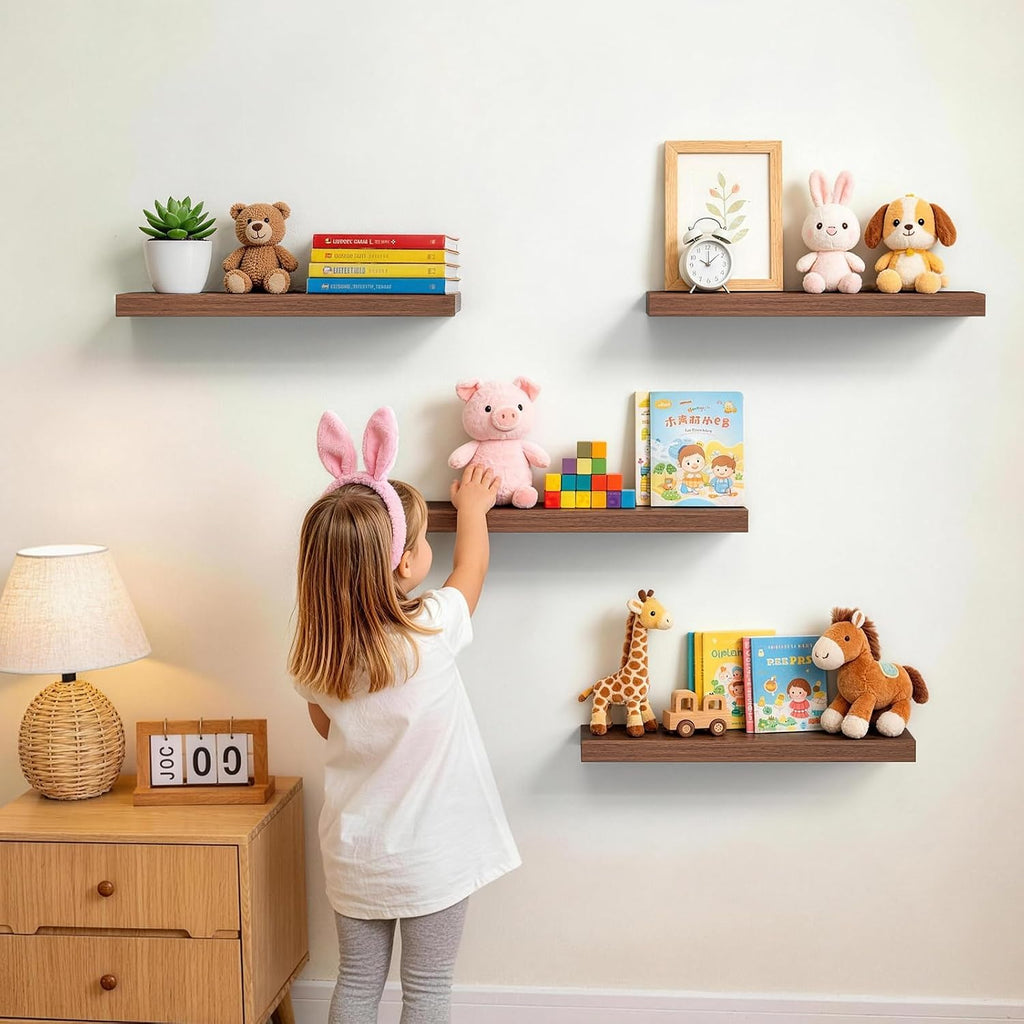 Walnut-Like Floating Shelves 15.7in, 3 Pack, Wall Mount Rustic Shelf | 22lbs Max Load, Hidden Bracket, Bedroom