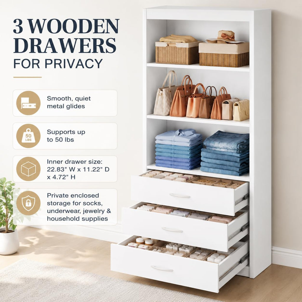 24"W Closet Organizer System with 3 Drawers & Shelves, White | DIY Modular Closet Organizer, Freestanding Wood Closet