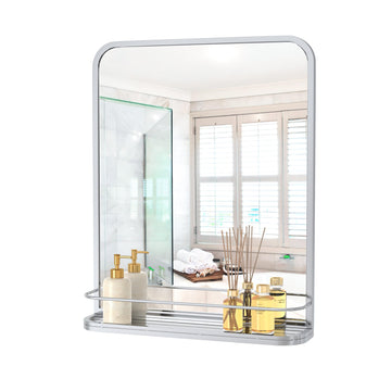 Sliver Bathroom Mirror with Shelf Vanity Mirror,Rectangle Metal Framed Rounded Corner Wall Mirror Living