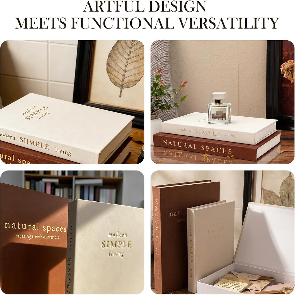 Elegant Decorative Books Set of 2, Linen Covered Decor Books with Gold Lettering & Magnetic Clasps for Storage.